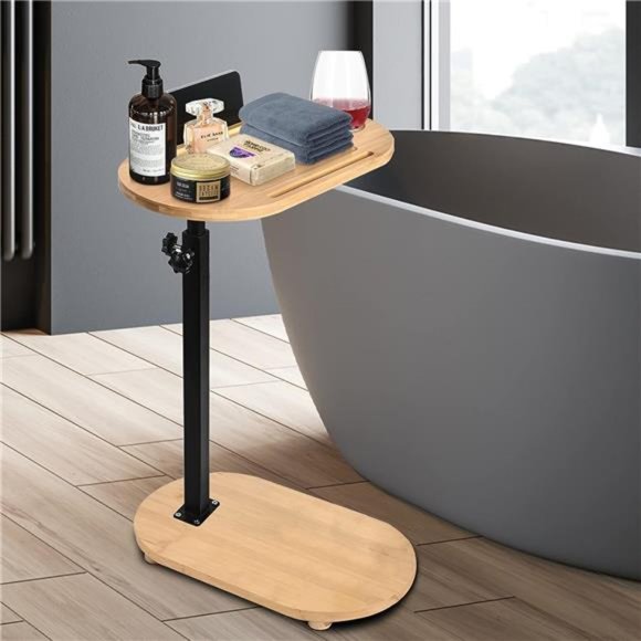 Bamboo Bathtub Tray Table with Adjustable HeightWine Glass Phone Holder